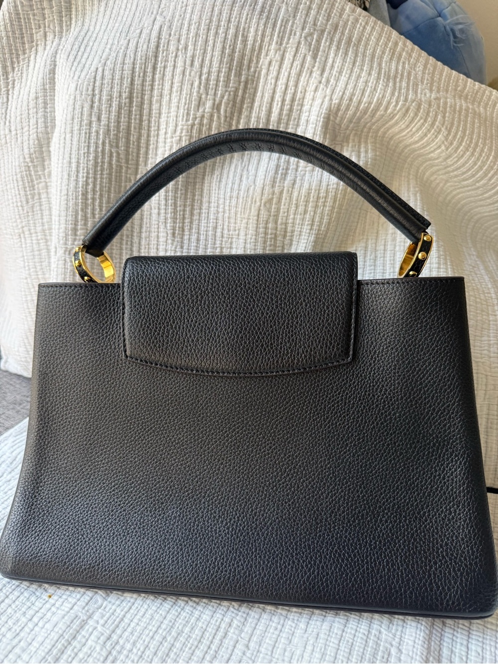 Louis Vuitton Black Pebbled Leather Satchel with Gold LV Accent Capucines MM - Picture 7 of 7